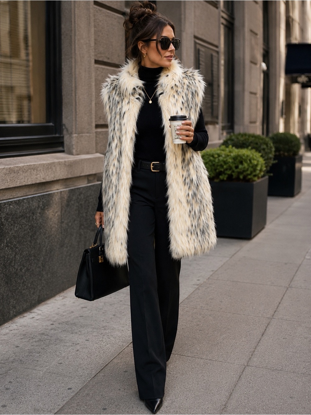 Fabulous Furs Donna Salyers' Women's Cream Black Speckled Long Faux Fur Vest S